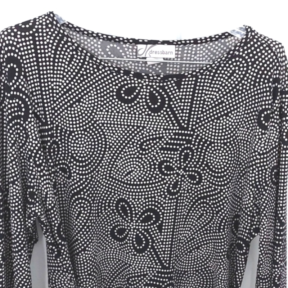 DRESS BARN Women's Top Black & White Design With Front Sash & Silver Ring XL